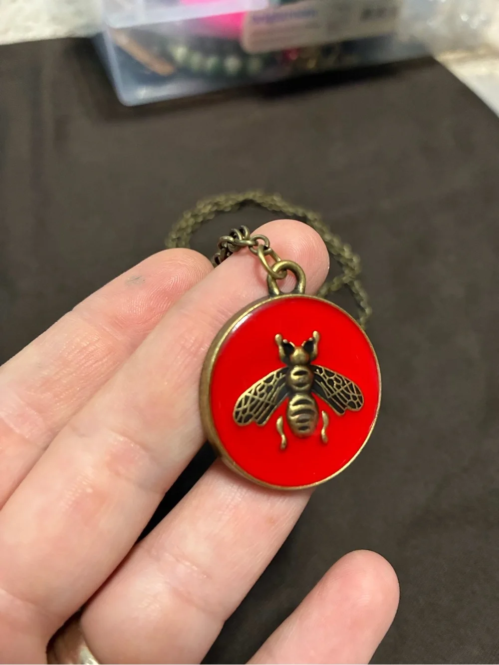 Red Enamel Bee Pendant Necklace - Women's Fashion Jewelry